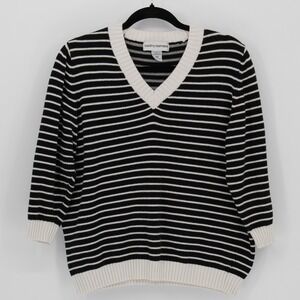 Cathy Daniels $58 Medium Black White Striped V-Neck 3/4 Sleeve Cotton Sweater